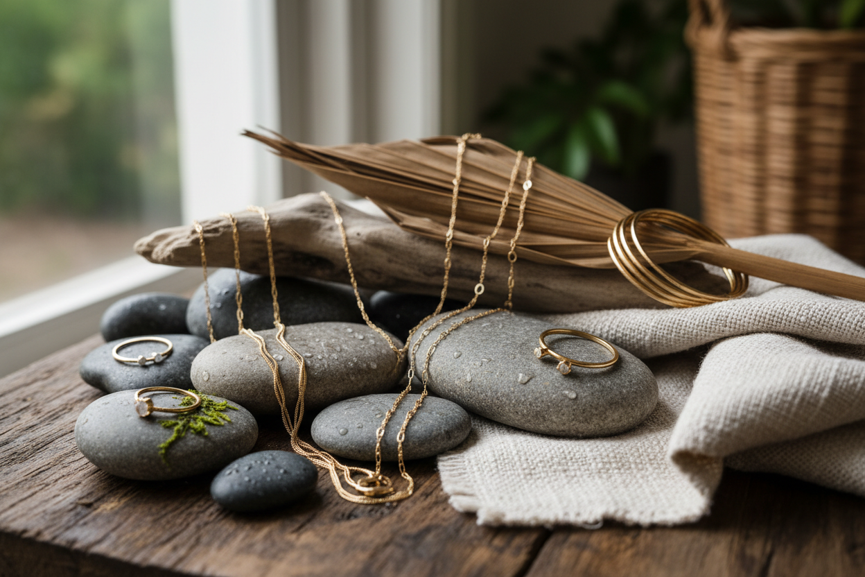 des bijoux dorés, exposés naturelement